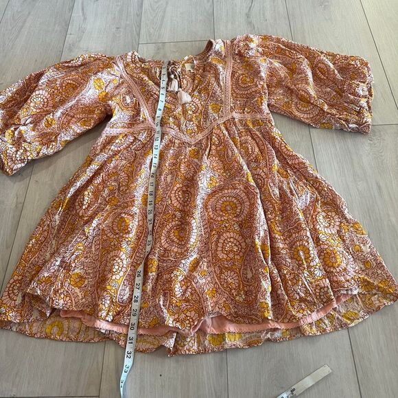 Anthropologie Agathe Lace Mini Dress Lace Neck Tie Tassels Pink gold size M - Picture 2 of 12